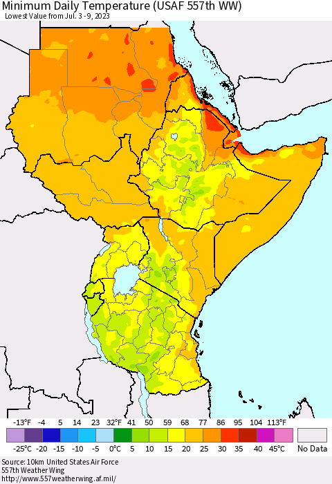 Eastern Africa Minimum Daily Temperature (USAF 557th WW) Thematic Map For 7/3/2023 - 7/9/2023