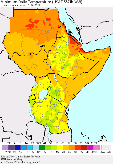Eastern Africa Minimum Daily Temperature (USAF 557th WW) Thematic Map For 7/10/2023 - 7/16/2023