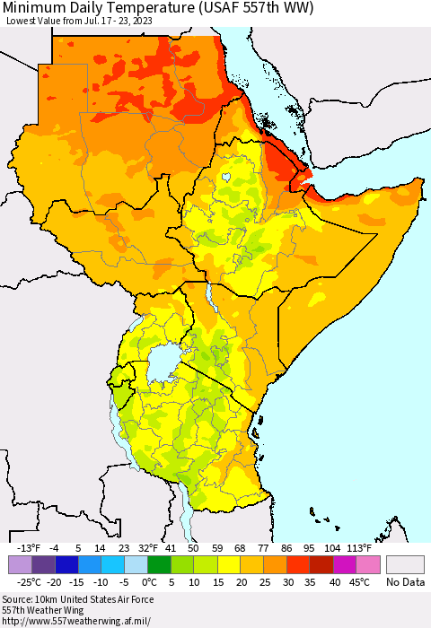 Eastern Africa Minimum Daily Temperature (USAF 557th WW) Thematic Map For 7/17/2023 - 7/23/2023