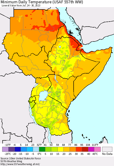 Eastern Africa Minimum Daily Temperature (USAF 557th WW) Thematic Map For 7/24/2023 - 7/30/2023