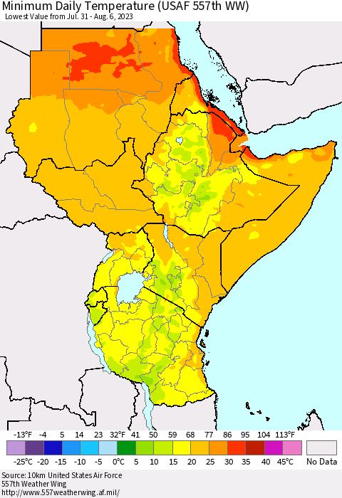 Eastern Africa Minimum Daily Temperature (USAF 557th WW) Thematic Map For 7/31/2023 - 8/6/2023