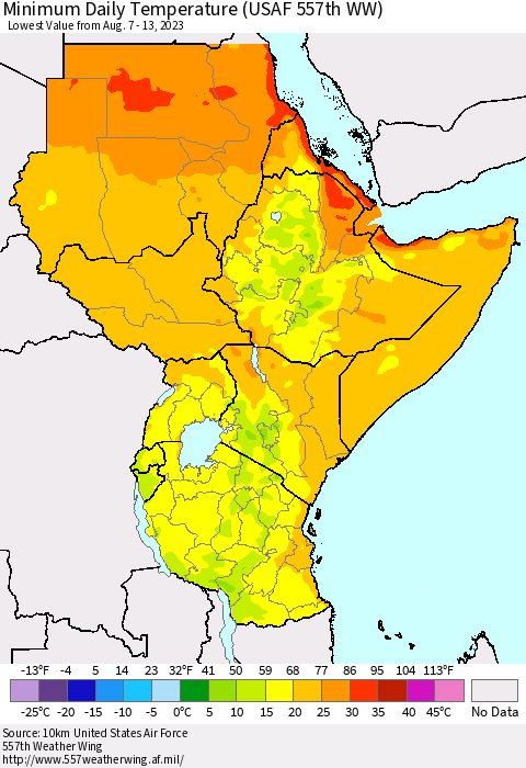 Eastern Africa Minimum Daily Temperature (USAF 557th WW) Thematic Map For 8/7/2023 - 8/13/2023