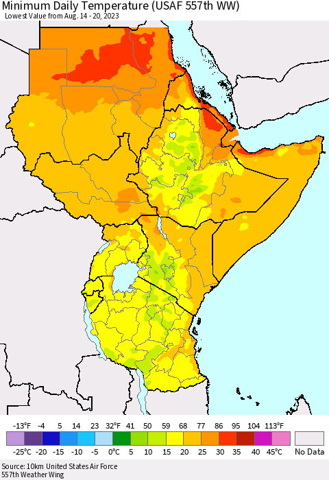 Eastern Africa Minimum Daily Temperature (USAF 557th WW) Thematic Map For 8/14/2023 - 8/20/2023