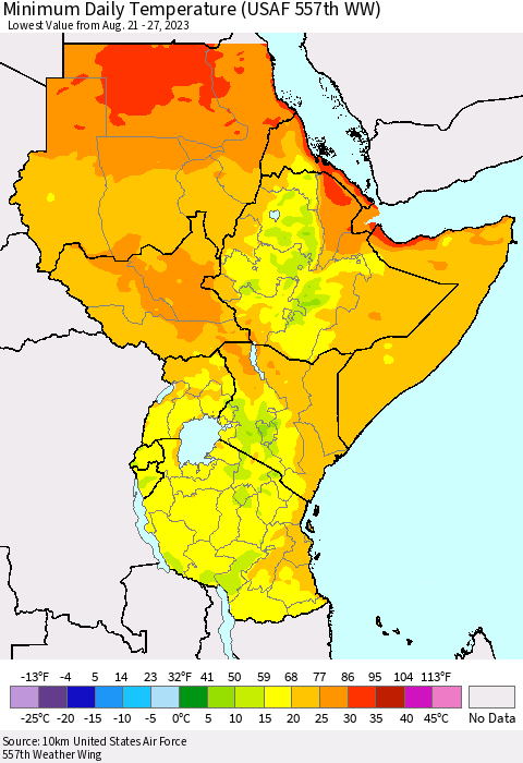 Eastern Africa Minimum Daily Temperature (USAF 557th WW) Thematic Map For 8/21/2023 - 8/27/2023