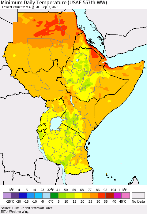 Eastern Africa Minimum Daily Temperature (USAF 557th WW) Thematic Map For 8/28/2023 - 9/3/2023