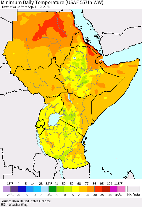 Eastern Africa Minimum Daily Temperature (USAF 557th WW) Thematic Map For 9/4/2023 - 9/10/2023
