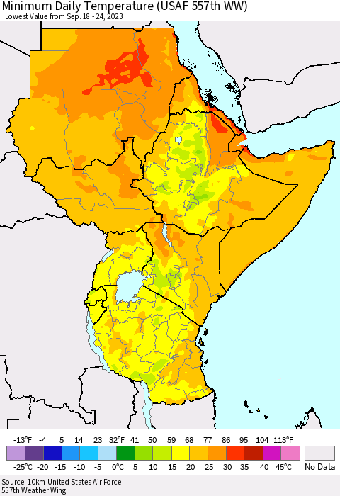 Eastern Africa Minimum Daily Temperature (USAF 557th WW) Thematic Map For 9/18/2023 - 9/24/2023