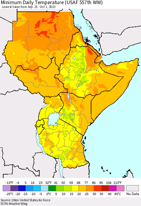 Eastern Africa Minimum Daily Temperature (USAF 557th WW) Thematic Map For 9/25/2023 - 10/1/2023