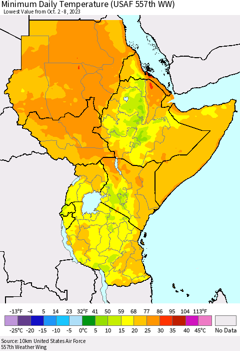 Eastern Africa Minimum Daily Temperature (USAF 557th WW) Thematic Map For 10/2/2023 - 10/8/2023