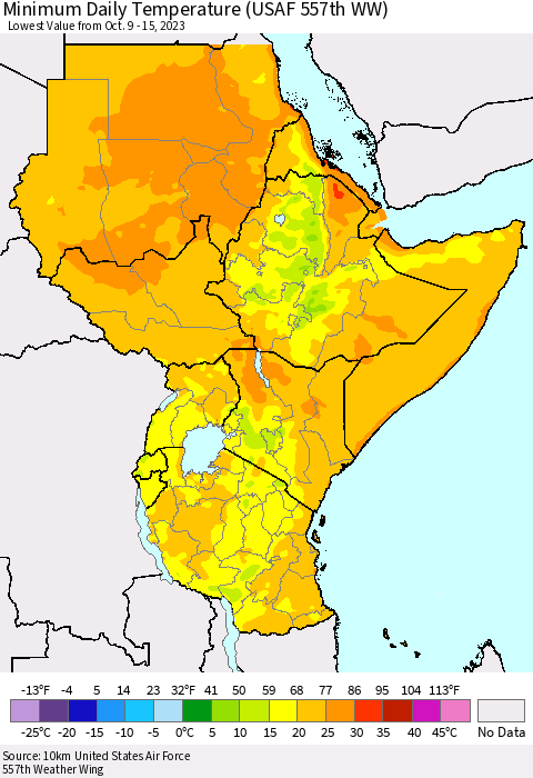 Eastern Africa Minimum Daily Temperature (USAF 557th WW) Thematic Map For 10/9/2023 - 10/15/2023