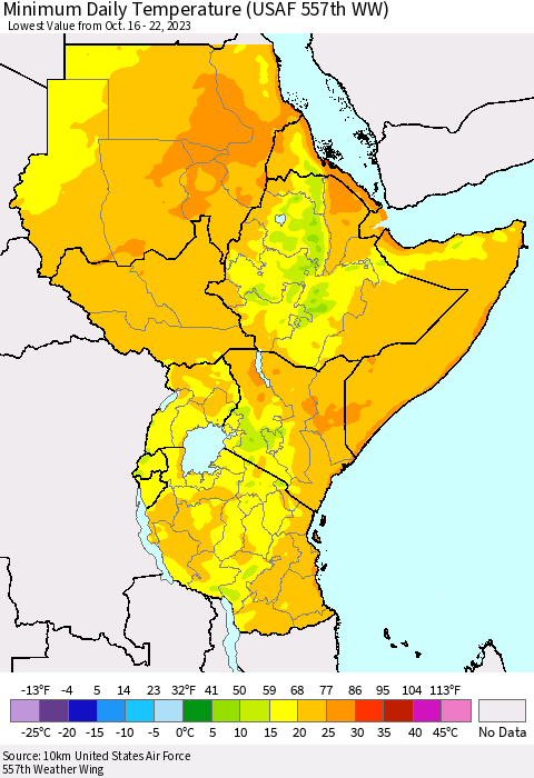 Eastern Africa Minimum Daily Temperature (USAF 557th WW) Thematic Map For 10/16/2023 - 10/22/2023
