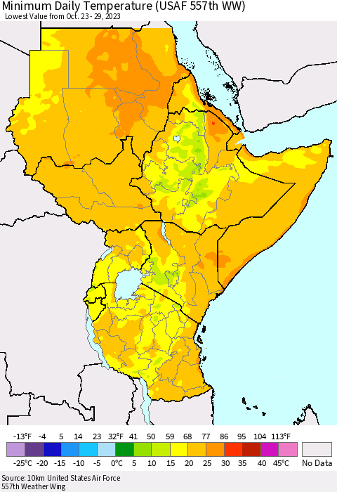 Eastern Africa Minimum Daily Temperature (USAF 557th WW) Thematic Map For 10/23/2023 - 10/29/2023