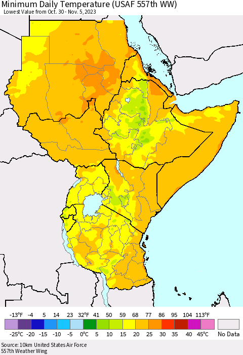 Eastern Africa Minimum Daily Temperature (USAF 557th WW) Thematic Map For 10/30/2023 - 11/5/2023