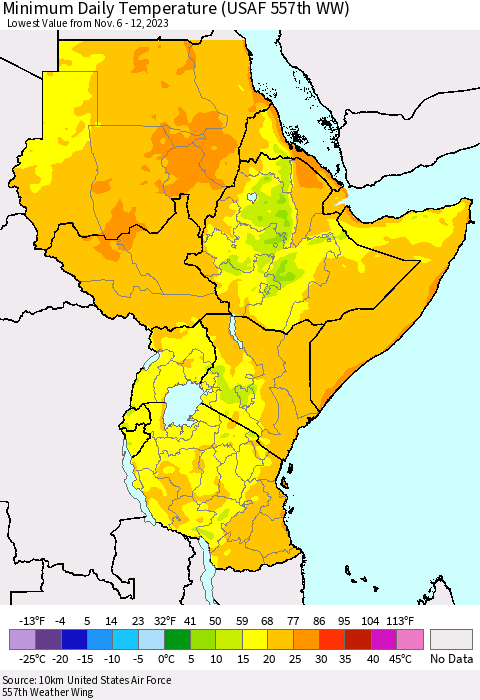 Eastern Africa Minimum Daily Temperature (USAF 557th WW) Thematic Map For 11/6/2023 - 11/12/2023