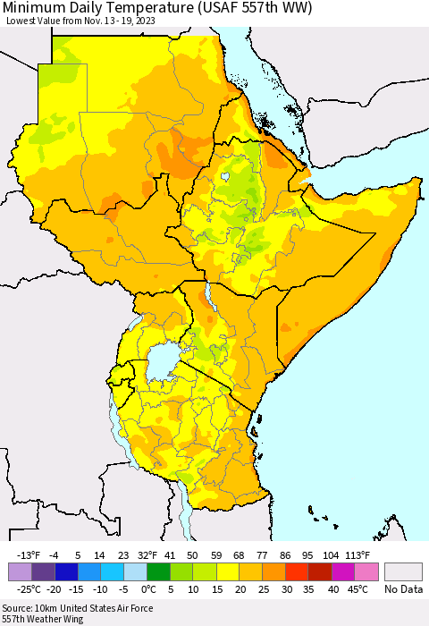 Eastern Africa Minimum Daily Temperature (USAF 557th WW) Thematic Map For 11/13/2023 - 11/19/2023