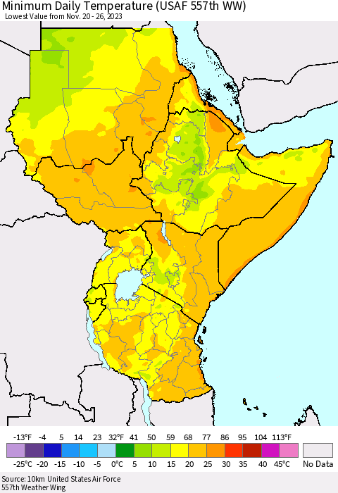 Eastern Africa Minimum Daily Temperature (USAF 557th WW) Thematic Map For 11/20/2023 - 11/26/2023