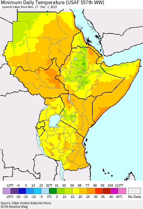 Eastern Africa Minimum Daily Temperature (USAF 557th WW) Thematic Map For 11/27/2023 - 12/3/2023