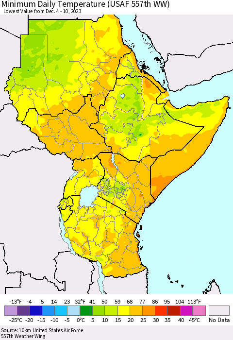 Eastern Africa Minimum Daily Temperature (USAF 557th WW) Thematic Map For 12/4/2023 - 12/10/2023