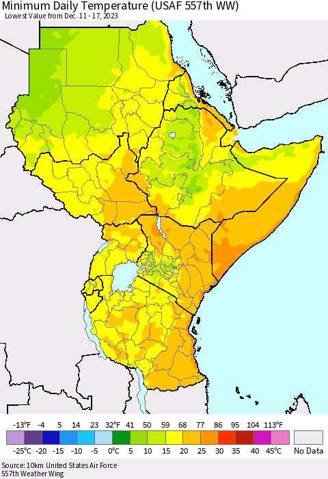 Eastern Africa Minimum Daily Temperature (USAF 557th WW) Thematic Map For 12/11/2023 - 12/17/2023
