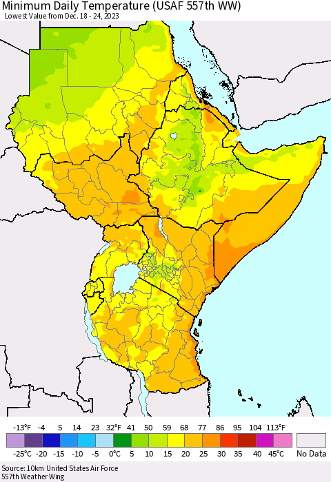 Eastern Africa Minimum Daily Temperature (USAF 557th WW) Thematic Map For 12/18/2023 - 12/24/2023