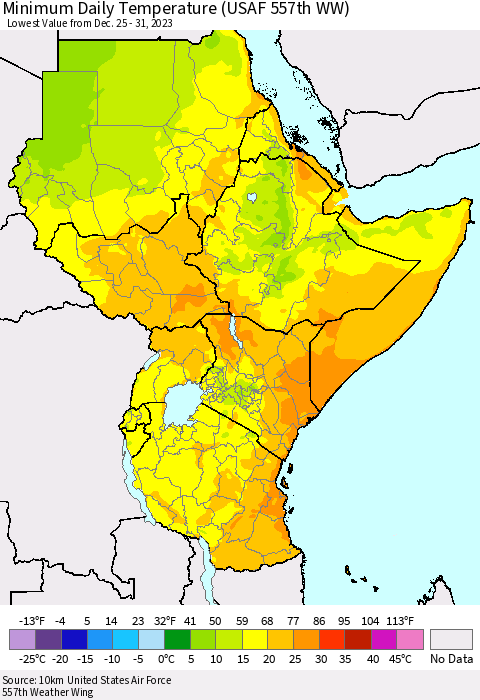 Eastern Africa Minimum Daily Temperature (USAF 557th WW) Thematic Map For 12/25/2023 - 12/31/2023