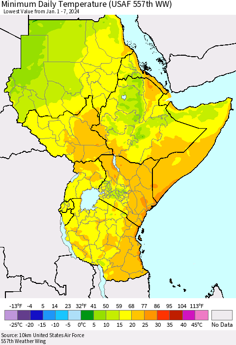Eastern Africa Minimum Daily Temperature (USAF 557th WW) Thematic Map For 1/1/2024 - 1/7/2024