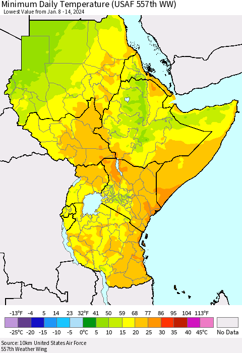 Eastern Africa Minimum Daily Temperature (USAF 557th WW) Thematic Map For 1/8/2024 - 1/14/2024