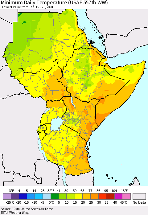 Eastern Africa Minimum Daily Temperature (USAF 557th WW) Thematic Map For 1/15/2024 - 1/21/2024
