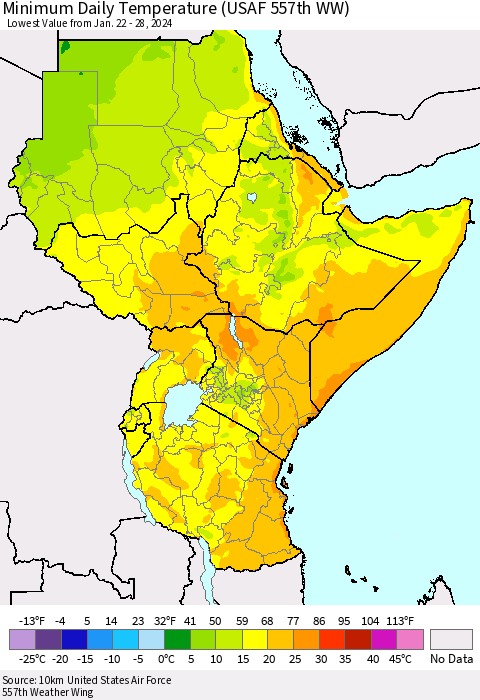 Eastern Africa Minimum Daily Temperature (USAF 557th WW) Thematic Map For 1/22/2024 - 1/28/2024