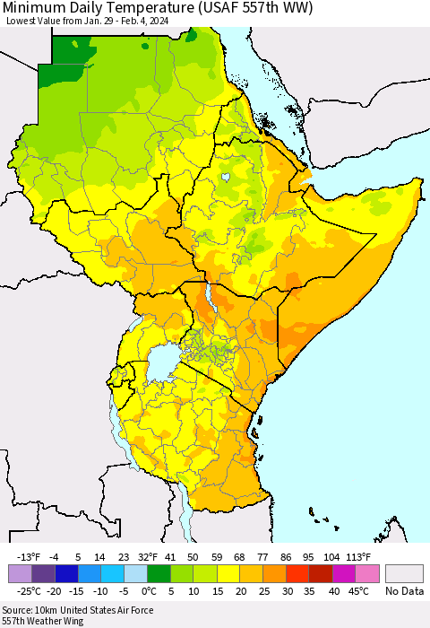 Eastern Africa Minimum Daily Temperature (USAF 557th WW) Thematic Map For 1/29/2024 - 2/4/2024