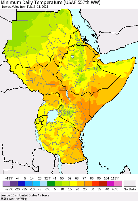 Eastern Africa Minimum Daily Temperature (USAF 557th WW) Thematic Map For 2/5/2024 - 2/11/2024