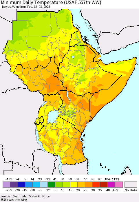 Eastern Africa Minimum Daily Temperature (USAF 557th WW) Thematic Map For 2/12/2024 - 2/18/2024
