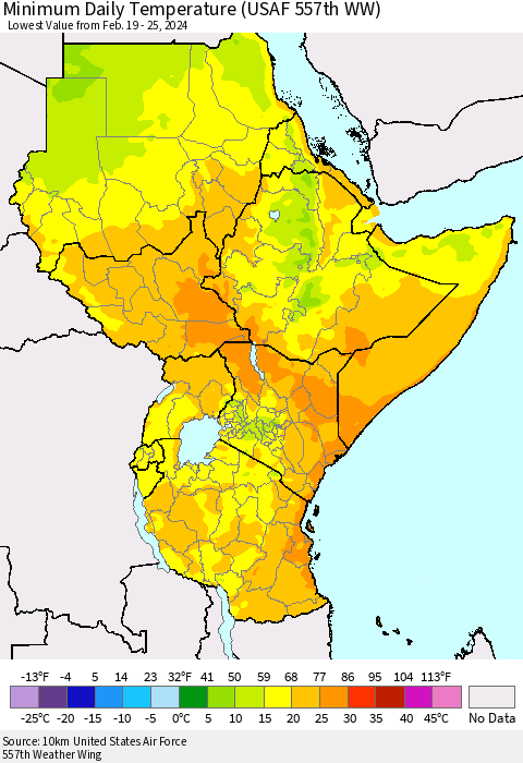 Eastern Africa Minimum Daily Temperature (USAF 557th WW) Thematic Map For 2/19/2024 - 2/25/2024