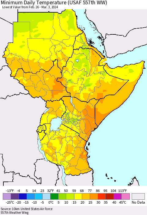 Eastern Africa Minimum Daily Temperature (USAF 557th WW) Thematic Map For 2/26/2024 - 3/3/2024