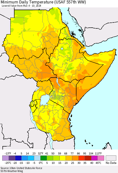 Eastern Africa Minimum Daily Temperature (USAF 557th WW) Thematic Map For 3/4/2024 - 3/10/2024