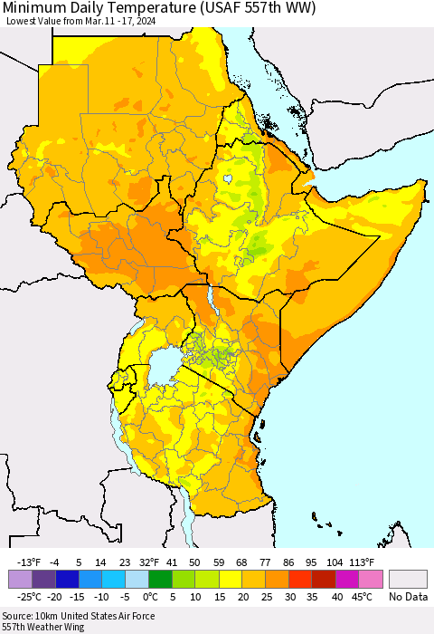 Eastern Africa Minimum Daily Temperature (USAF 557th WW) Thematic Map For 3/11/2024 - 3/17/2024