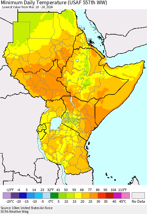 Eastern Africa Minimum Daily Temperature (USAF 557th WW) Thematic Map For 3/18/2024 - 3/24/2024