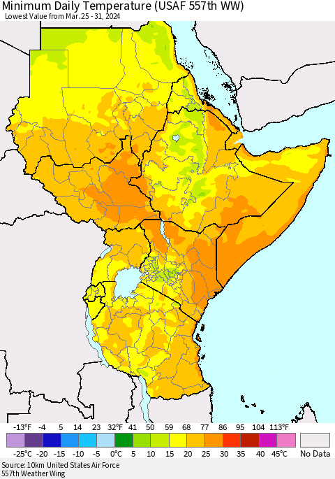 Eastern Africa Minimum Daily Temperature (USAF 557th WW) Thematic Map For 3/25/2024 - 3/31/2024