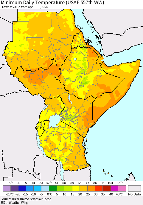 Eastern Africa Minimum Daily Temperature (USAF 557th WW) Thematic Map For 4/1/2024 - 4/7/2024