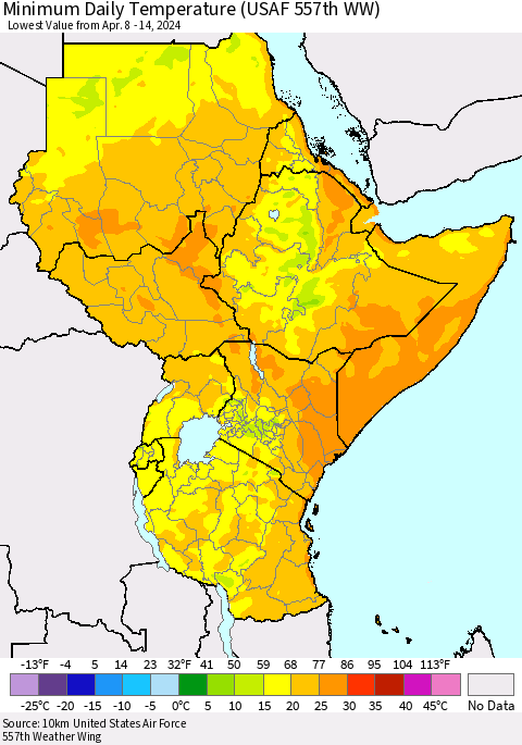 Eastern Africa Minimum Daily Temperature (USAF 557th WW) Thematic Map For 4/8/2024 - 4/14/2024
