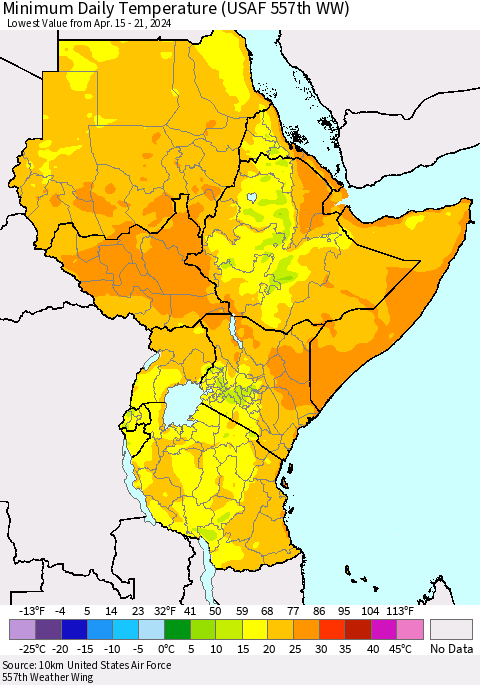Eastern Africa Minimum Daily Temperature (USAF 557th WW) Thematic Map For 4/15/2024 - 4/21/2024