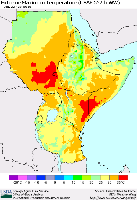 Eastern Africa Maximum Daily Temperature (USAF 557th WW) Thematic Map For 1/22/2018 - 1/28/2018