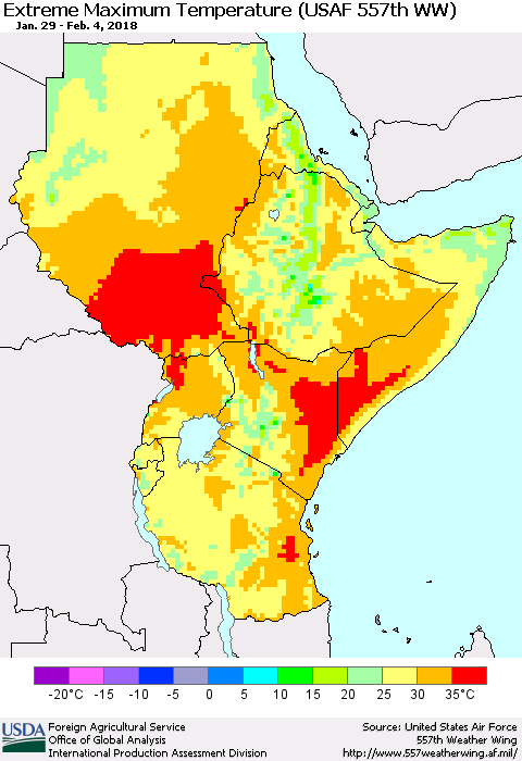 Eastern Africa Maximum Daily Temperature (USAF 557th WW) Thematic Map For 1/29/2018 - 2/4/2018