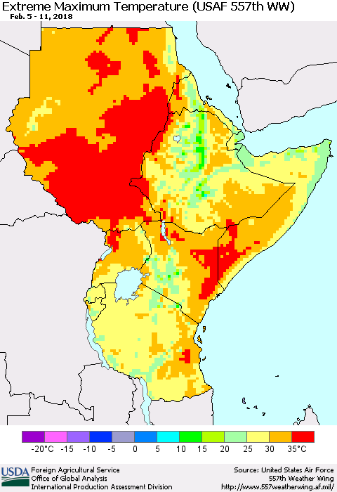 Eastern Africa Maximum Daily Temperature (USAF 557th WW) Thematic Map For 2/5/2018 - 2/11/2018