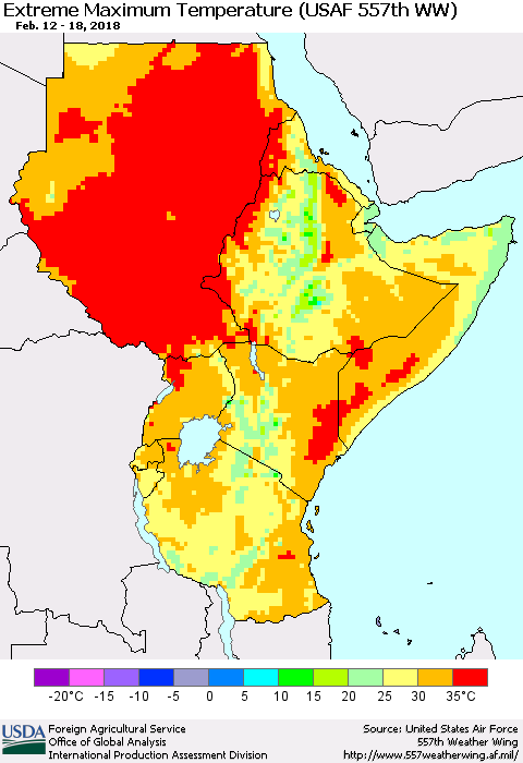 Eastern Africa Maximum Daily Temperature (USAF 557th WW) Thematic Map For 2/12/2018 - 2/18/2018