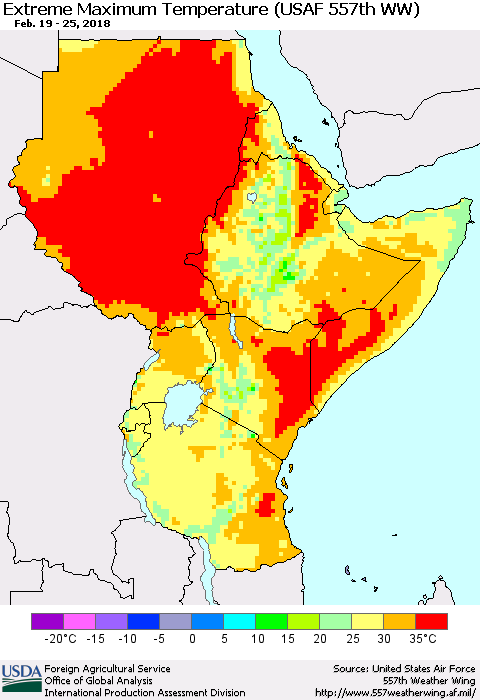 Eastern Africa Maximum Daily Temperature (USAF 557th WW) Thematic Map For 2/19/2018 - 2/25/2018
