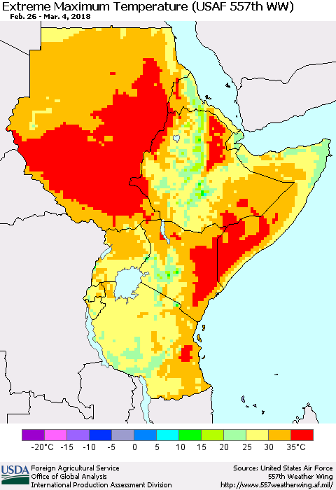 Eastern Africa Maximum Daily Temperature (USAF 557th WW) Thematic Map For 2/26/2018 - 3/4/2018
