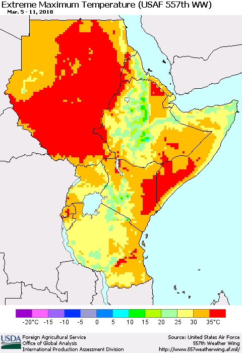 Eastern Africa Maximum Daily Temperature (USAF 557th WW) Thematic Map For 3/5/2018 - 3/11/2018