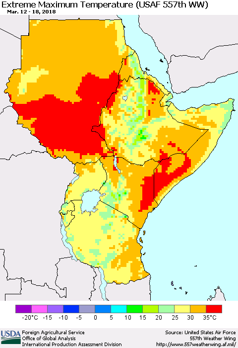Eastern Africa Maximum Daily Temperature (USAF 557th WW) Thematic Map For 3/12/2018 - 3/18/2018