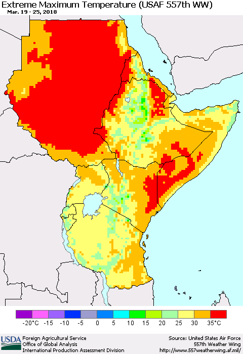 Eastern Africa Maximum Daily Temperature (USAF 557th WW) Thematic Map For 3/19/2018 - 3/25/2018